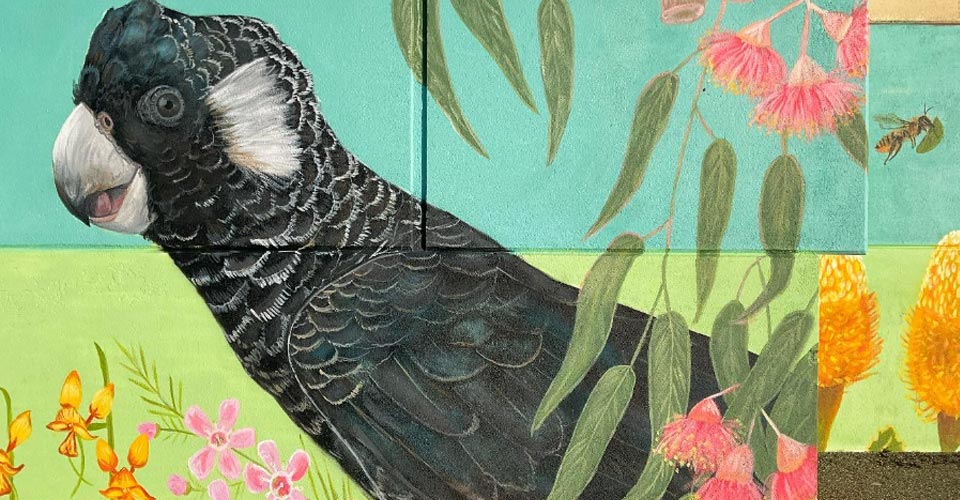 Lora Flora mural art, black cockatoo art
