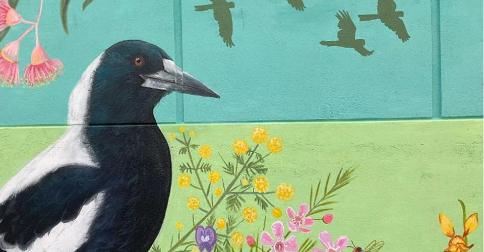 Lora Flora mural art, magpie art